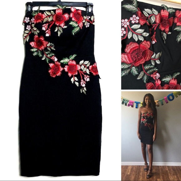 Floral Embroidered Rose Strapless Black Dress - Picture 2 of 5